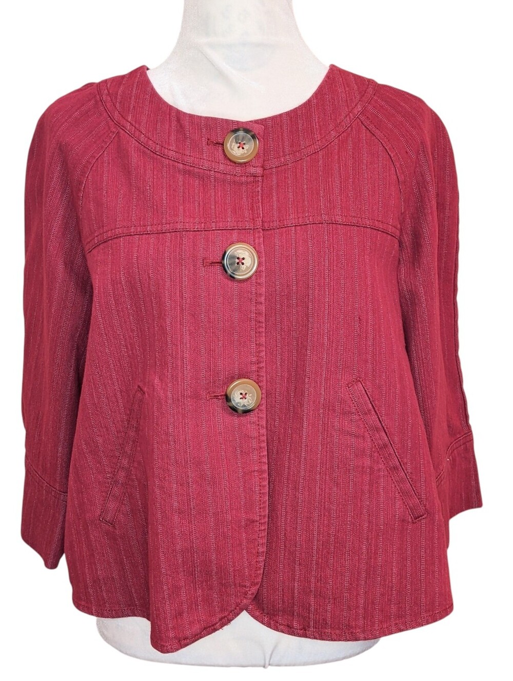 Denim Red Button-Front Women's Short Jacket 3/4 Sleeve